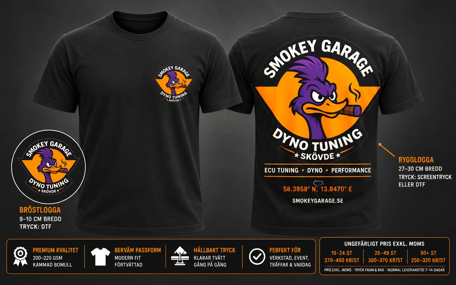 Smokey Garage merch: svart T-shirt framifrån och bakifrån med lila och orange logotryck